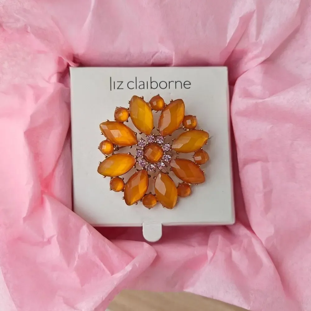 Liz Claiborne signed orange and pink floral glass brooch